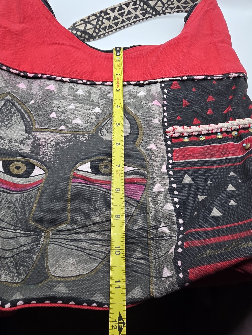 Laurel Burch Whiskered Cat Shoulder Tote HOBO Bag 12x13x4 Red Gray Black - Picture 7 of 9